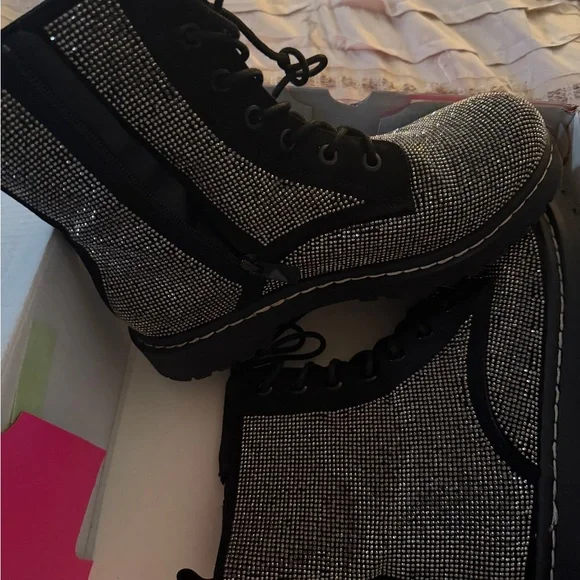 Betsey Johnson Rhinestone Combat Boots - Black - Picture 2 of 5